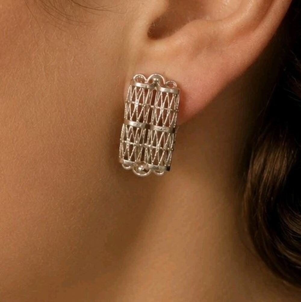 Vintage Germany Filigree Wire Work Modernist Sterling Silver Clip Earrings MCM